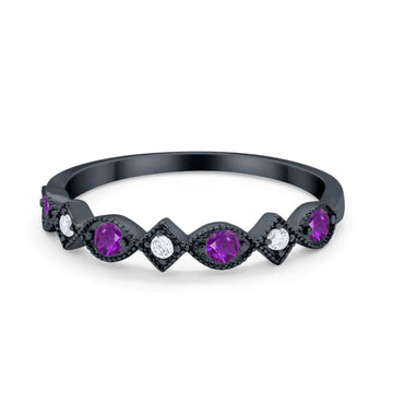 Art Deco Stacking Half Eternity Wedding Ring Black Tone, Simulated Amethyst CZ 925 Sterling Silver